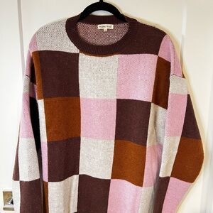 Anthropology Pink/Brown Checkered Pullover Sweater